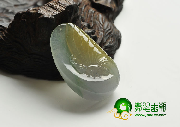 冰种黄翡略飘花缅甸翡翠A货蝴蝶挂件