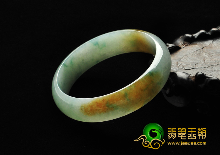 糯冰种飘花带黄翡缅甸翡翠A货手镯（58.4mm）