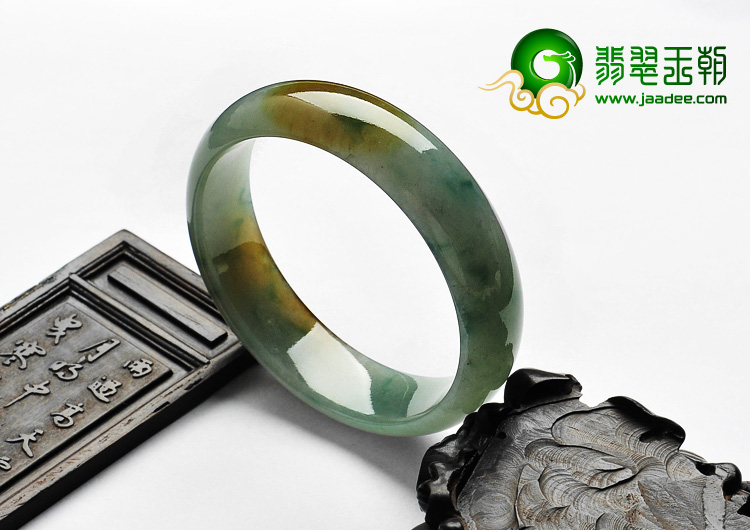 糯冰种飘花带黄翡缅甸翡翠A货手镯（58.4mm）