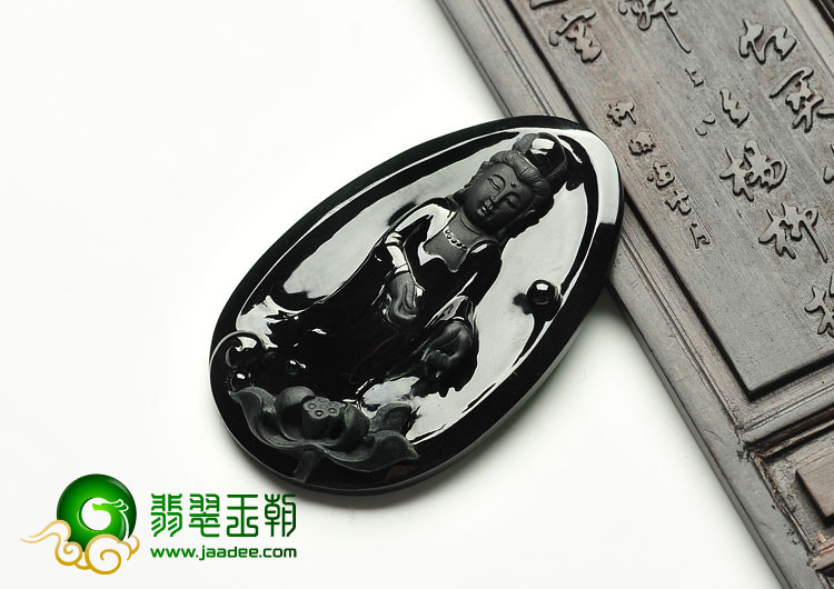 冰玻种墨翠缅甸翡翠A货观音挂件