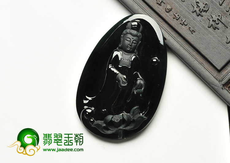 冰玻种墨翠缅甸翡翠A货观音挂件