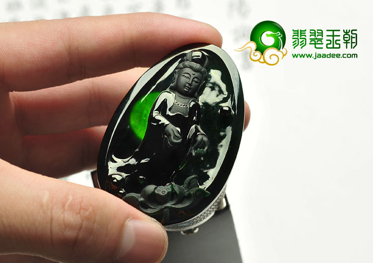冰玻种墨翠缅甸翡翠A货观音挂件