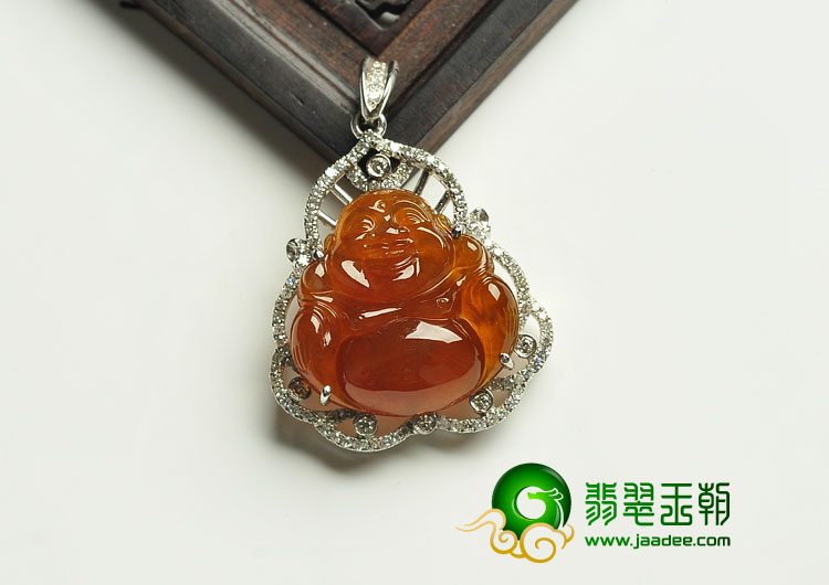 冰种红黄翡缅甸翡翠A货镶白金玉佛胸坠（真钻）