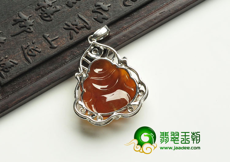 冰种红黄翡缅甸翡翠A货镶白金玉佛胸坠（真钻）
