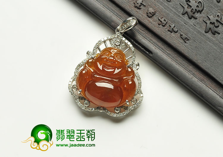 冰种红黄翡缅甸翡翠A货镶白金玉佛胸坠（真钻）