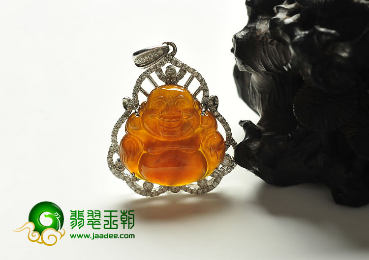 冰种红黄翡缅甸翡翠A货镶白金玉佛胸坠（真钻）