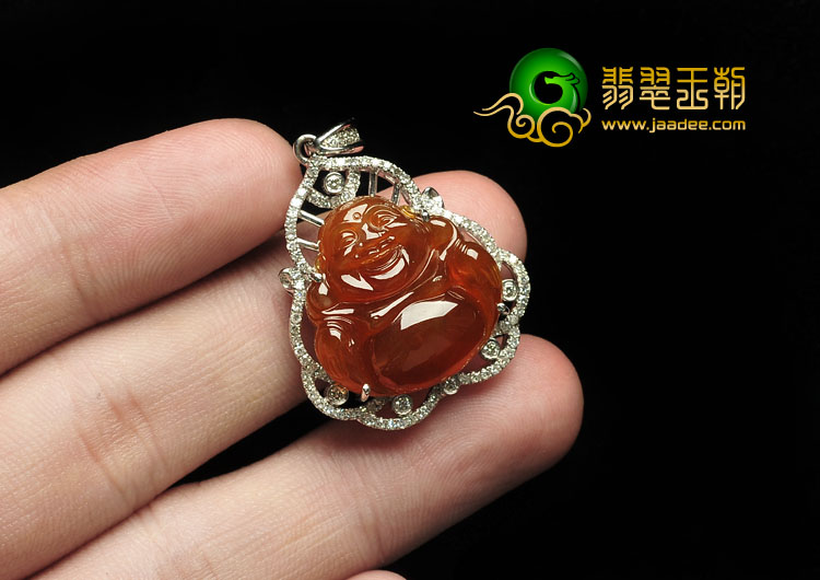 冰种红黄翡缅甸翡翠A货镶白金玉佛胸坠（真钻）
