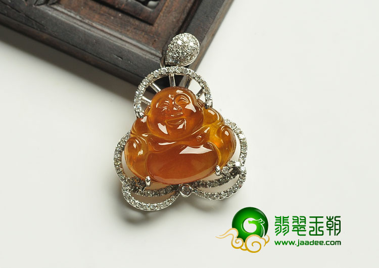 冰种红黄翡缅甸翡翠A货镶白金玉佛胸坠（真钻）