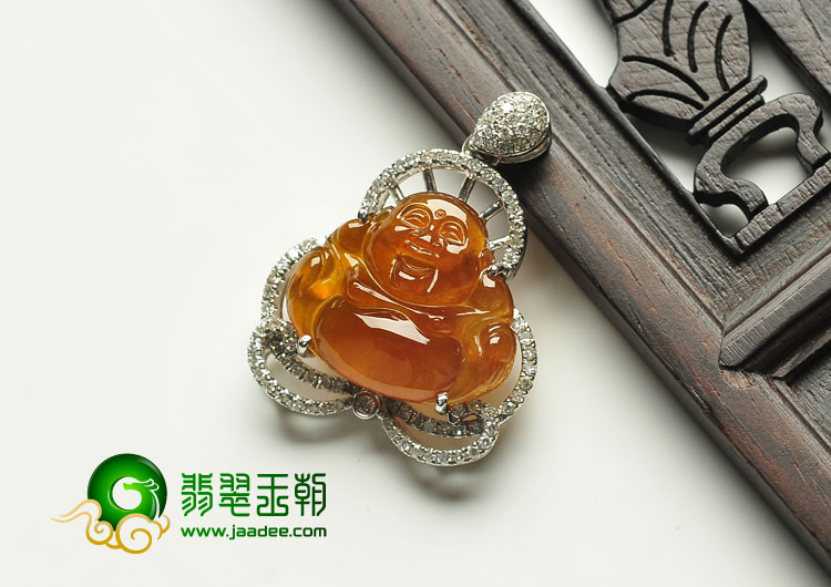 冰种红黄翡缅甸翡翠A货镶白金玉佛胸坠（真钻）
