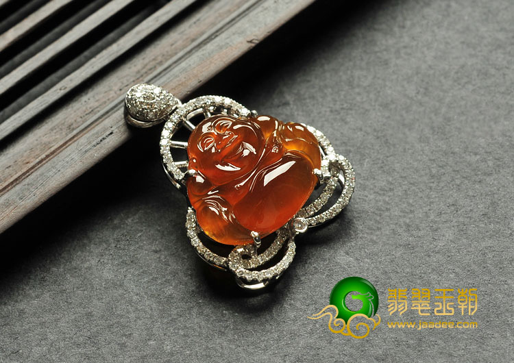 冰种红黄翡缅甸翡翠A货镶白金玉佛胸坠（真钻）