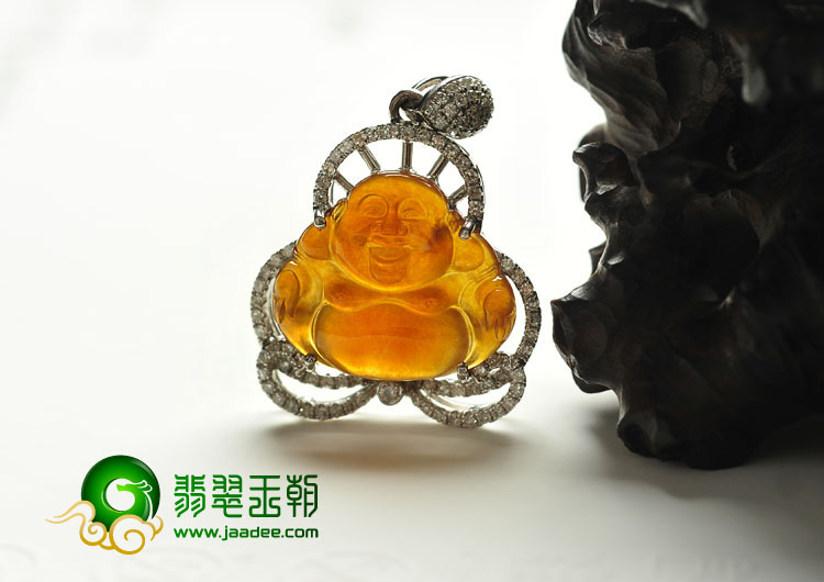 冰种红黄翡缅甸翡翠A货镶白金玉佛胸坠（真钻）