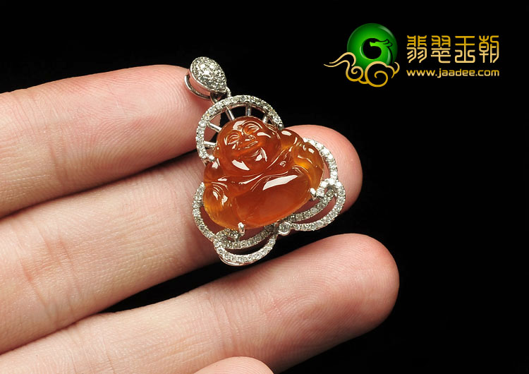 冰种红黄翡缅甸翡翠A货镶白金玉佛胸坠（真钻）