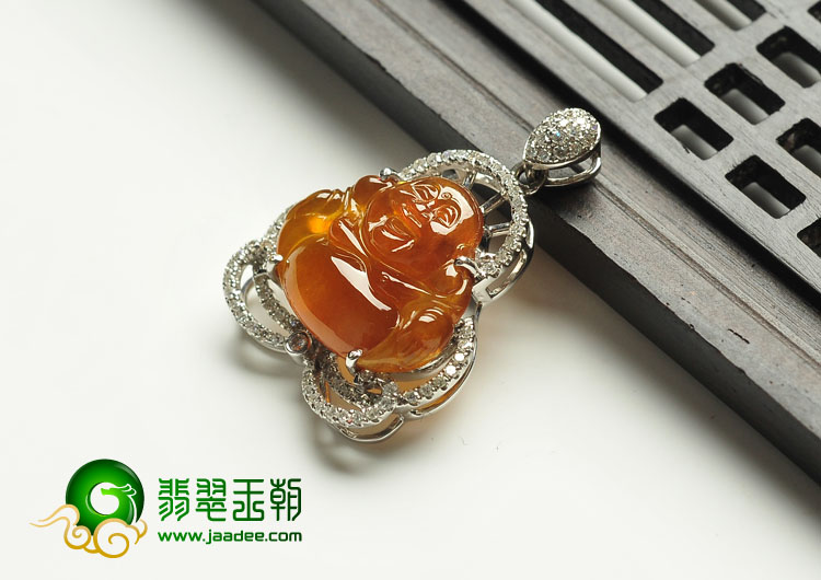 冰种红黄翡缅甸翡翠A货镶白金玉佛胸坠（真钻）