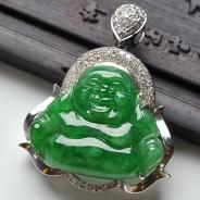 糯冰种阳绿缅甸翡翠A货镶白金玉佛胸坠