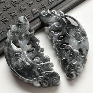 糯冰种（乌鸡种）灰墨色缅甸翡翠A货龙凤钰挂件（一对）