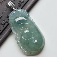 冰种飘花缅甸翡翠A货镶银扣如意寿挂件（水钻）
