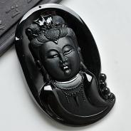 玻璃种墨翠缅甸翡翠A货观音头挂件
