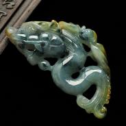 糯冰种飘花略带黄翡缅甸翡翠A货立体龙挂件
