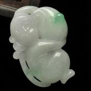 糯冰种白底青缅甸翡翠A货猴子挂件