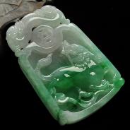 糯冰种翠色缅甸翡翠A货麒麟献瑞方牌挂件
