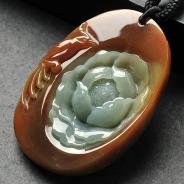 糯冰种褐黄翡缅甸翡翠A货富贵花开挂件