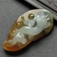 糯冰种黄翡飘花缅甸翡翠A货龙凤呈祥挂件