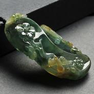 冰种黄翡飘花缅甸翡翠A货喜上眉梢挂件