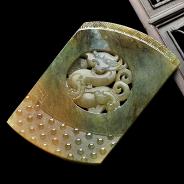 糯冰种青褐色缅甸翡翠A货仿古龙牌挂件
