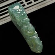 冰种飘花略带黄翡缅甸翡翠A货龙钩挂件