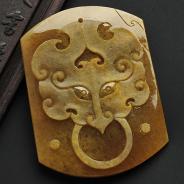 糯冰种褐黄翡缅甸翡翠A货仿古饕餮挂件