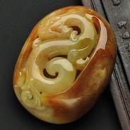 糯冰种褐黄翡缅甸翡翠A货龙凤呈祥挂件