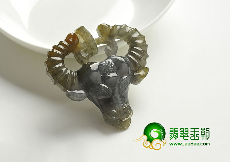 糯冰种墨色褐黄翡缅甸翡翠A货牛头挂件