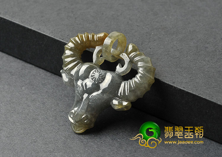 糯冰种墨色褐黄翡缅甸翡翠A货牛头挂件