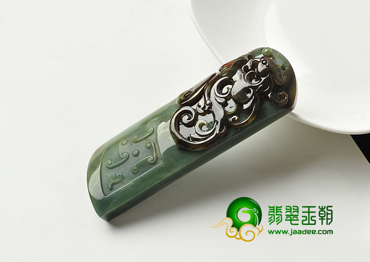 糯冰种蓝水褐黄翡缅甸翡翠A货仿古龙凤呈祥挂件
