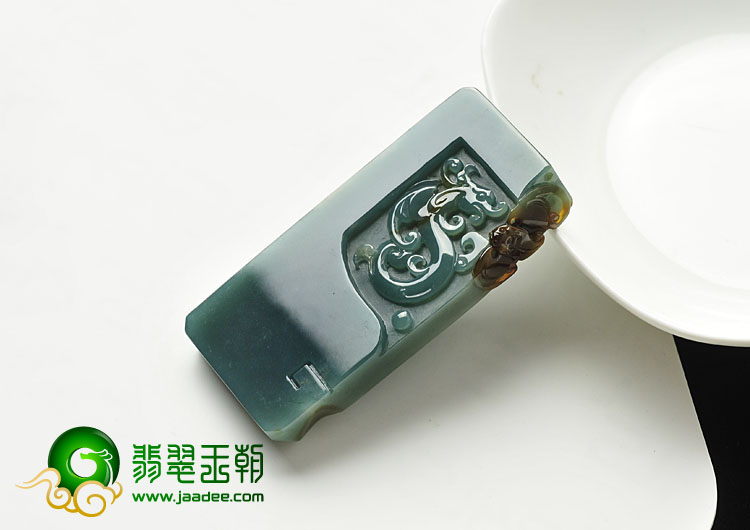 糯冰种蓝水褐黄翡缅甸翡翠A货仿古龙凤呈祥挂件