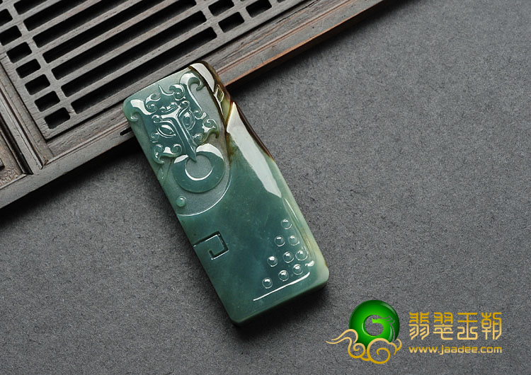 糯冰种蓝水褐黄翡缅甸翡翠A货仿古龙凤呈祥挂件