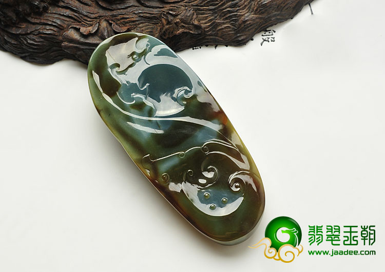 糯冰种蓝水褐黄翡缅甸翡翠A货龙马精神挂件