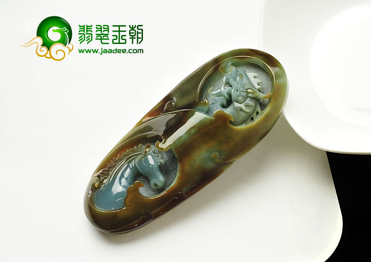 糯冰种蓝水褐黄翡缅甸翡翠A货龙马精神挂件