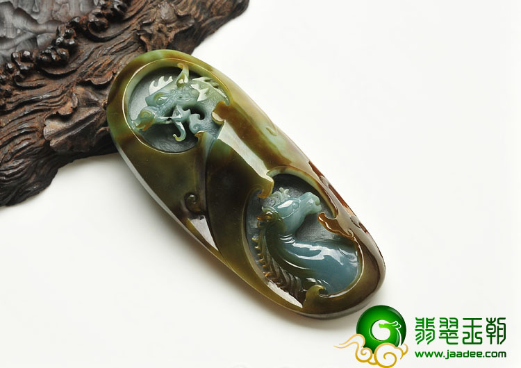 糯冰种蓝水褐黄翡缅甸翡翠A货龙马精神挂件