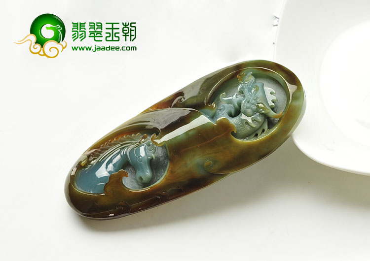 糯冰种蓝水褐黄翡缅甸翡翠A货龙马精神挂件