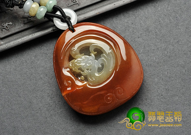 糯冰种红翡缅甸翡翠A货龙凤呈祥挂件