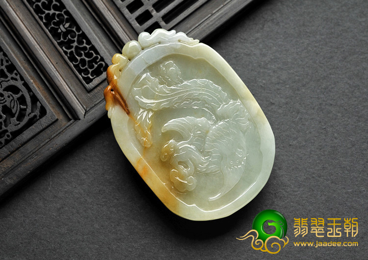 细糯种黄翡缅甸翡翠A货龙凤呈祥挂件