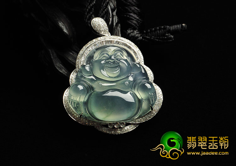冰玻种晴水缅甸翡翠A货镶白金玉佛胸坠（真钻）