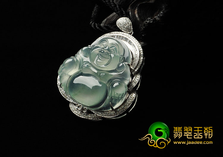 冰玻种晴水缅甸翡翠A货镶白金玉佛胸坠（真钻）