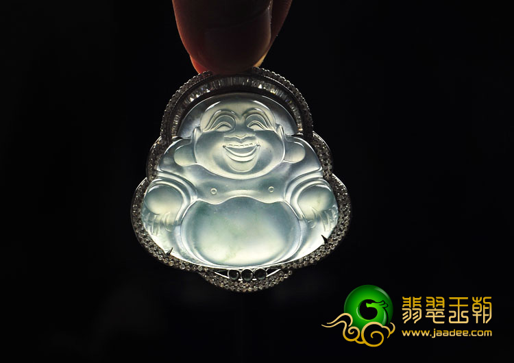 冰玻种晴水缅甸翡翠A货镶白金玉佛胸坠（真钻）