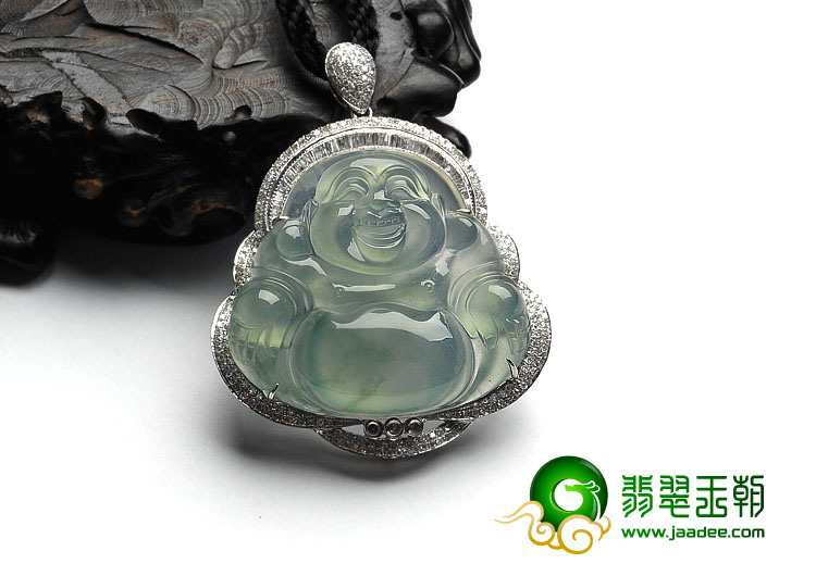 冰玻种晴水缅甸翡翠A货镶白金玉佛胸坠（真钻）