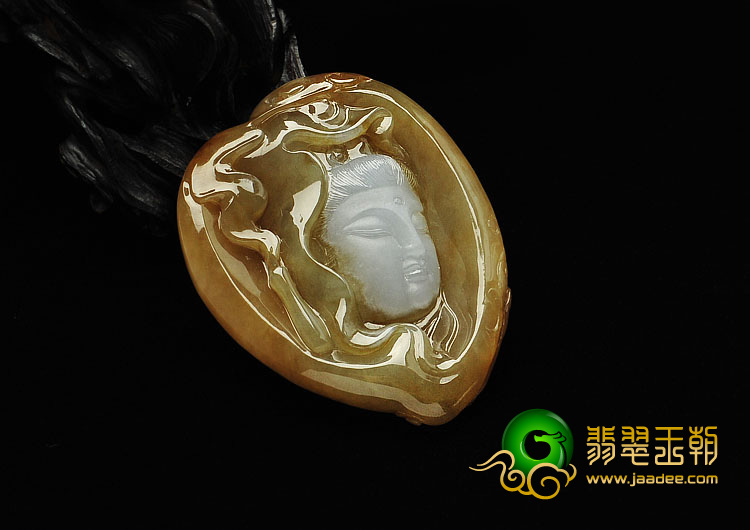 糯冰种褐黄翡缅甸翡翠A货观音头挂件