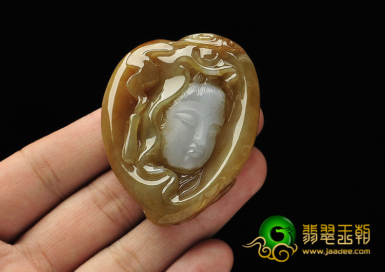糯冰种褐黄翡缅甸翡翠A货观音头挂件
