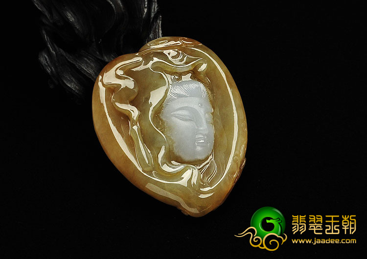 糯冰种褐黄翡缅甸翡翠A货观音头挂件