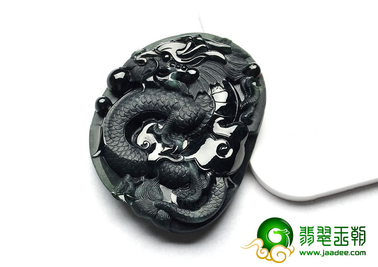 糯冰种墨翠缅甸翡翠A货龙牌挂件
